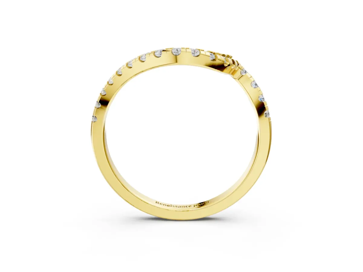 Round Diamond Pavé V-Shaped Contour Band with Shared Prong Setting Yellow gold