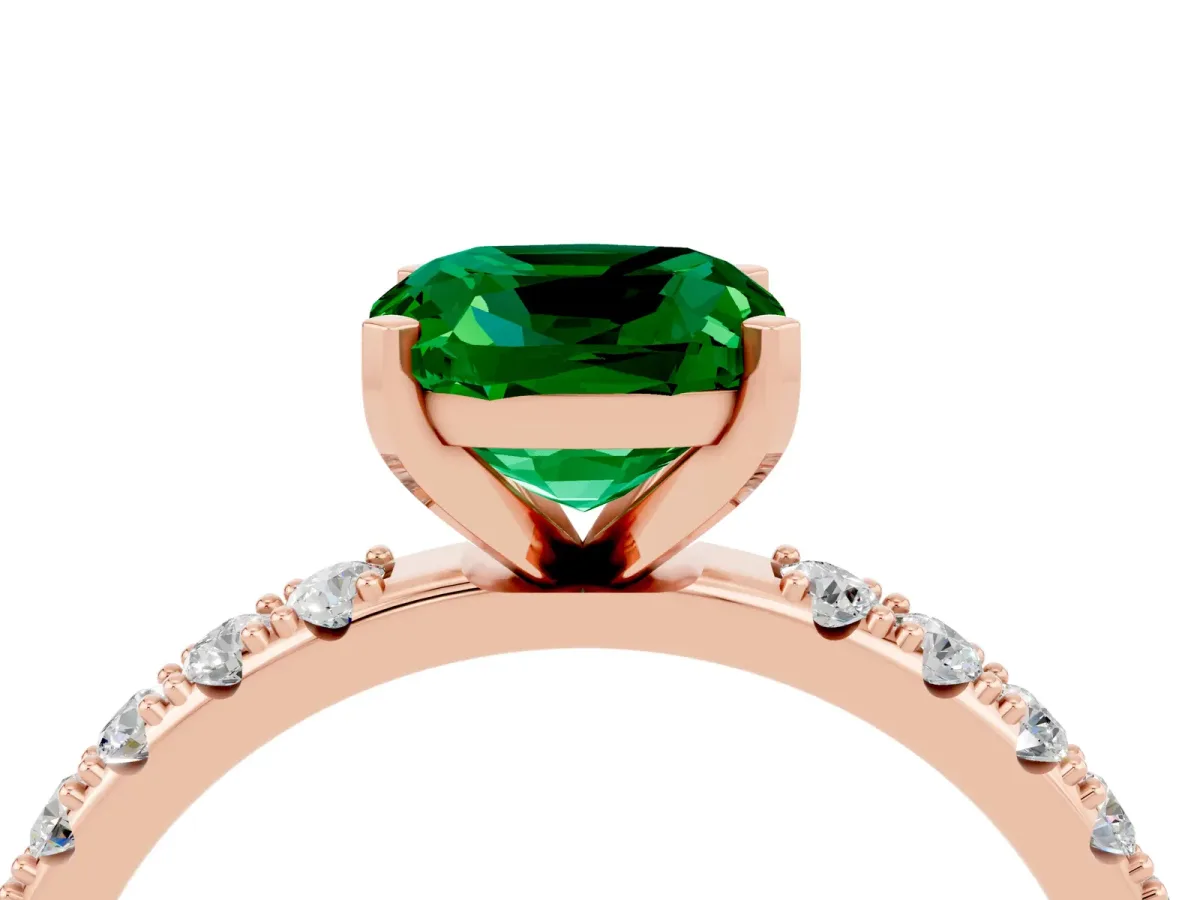 Cushion Cut Emerald Solitaire Pavé Band with Four-Prong Setting Rose gold