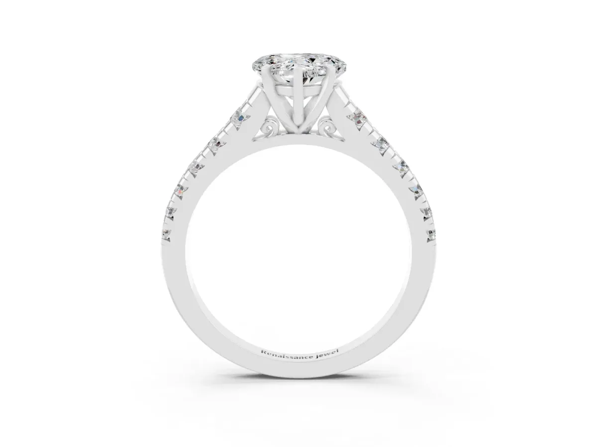 Heart Cut Moissanite Cathedral Solitaire Ring with Round Pavé Band Silver