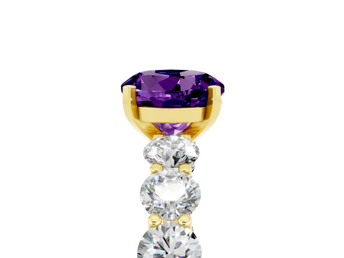 Round Cut Amethyst Prong Setting with Side Stones on a Pave Band Yellow gold