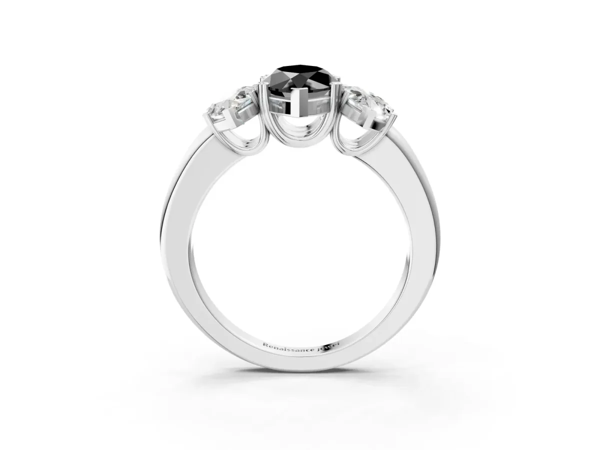 Fancy Black Three-Stone Marquise Cut Cut Diamond Ring with Channel Set Band and Four-Prong Setting Silver