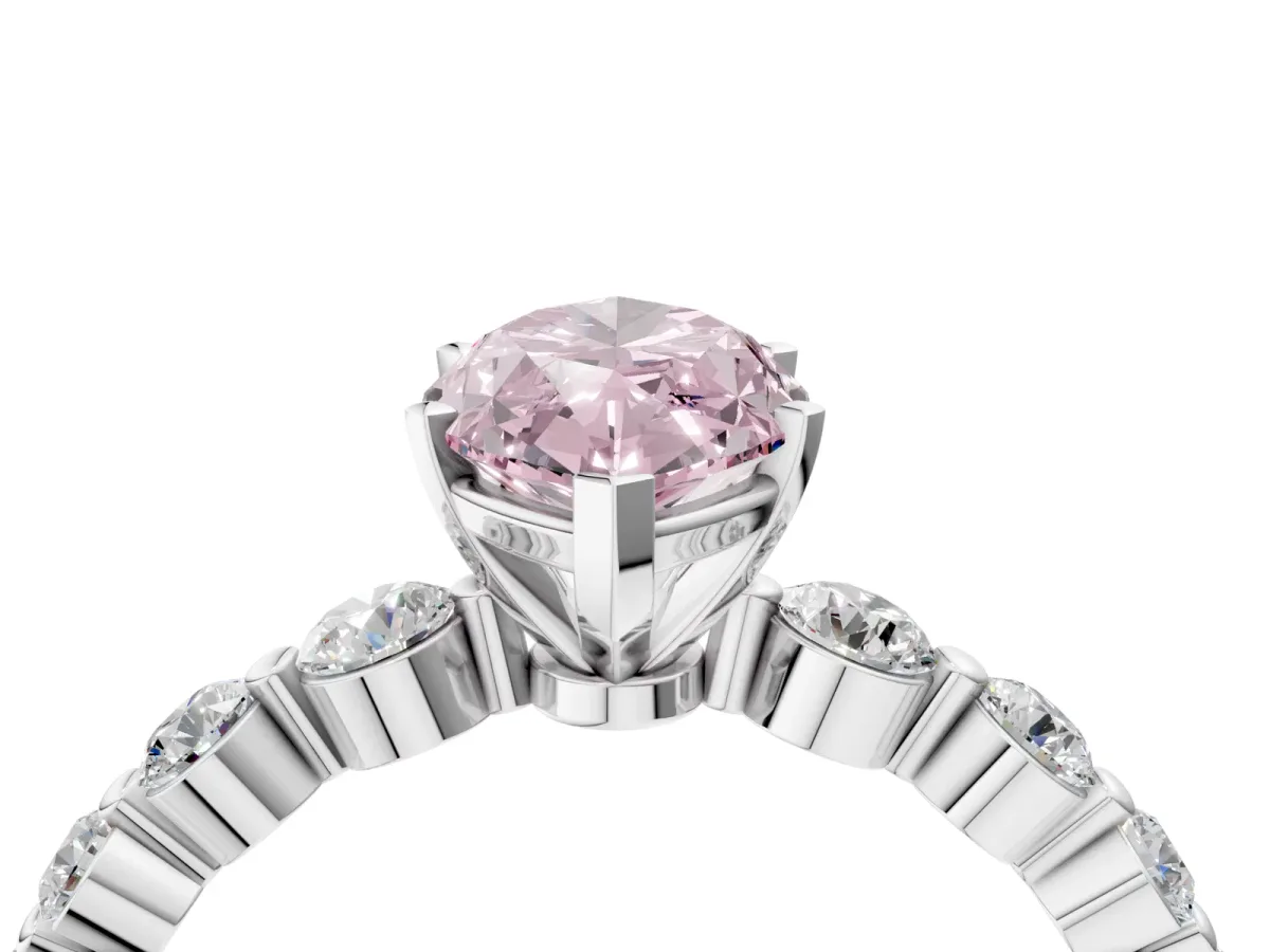 Fancy Pink Marquise Cut Solitaire Diamond Ring with Pave Band and Four-Prong Setting Silver