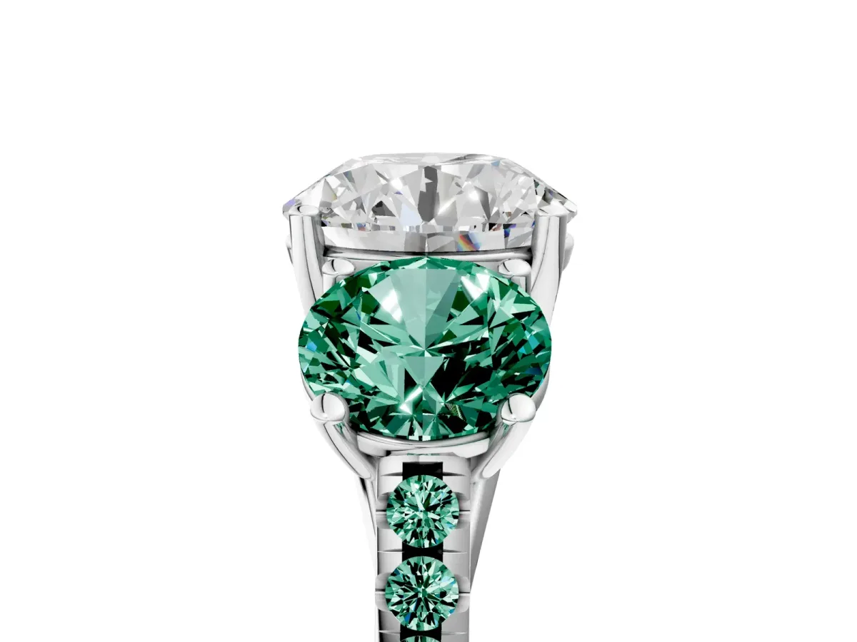 Three-Stone Round Cut Diamond Ring with Round Green Sapphire Pavé Band and Prong Setting Silver