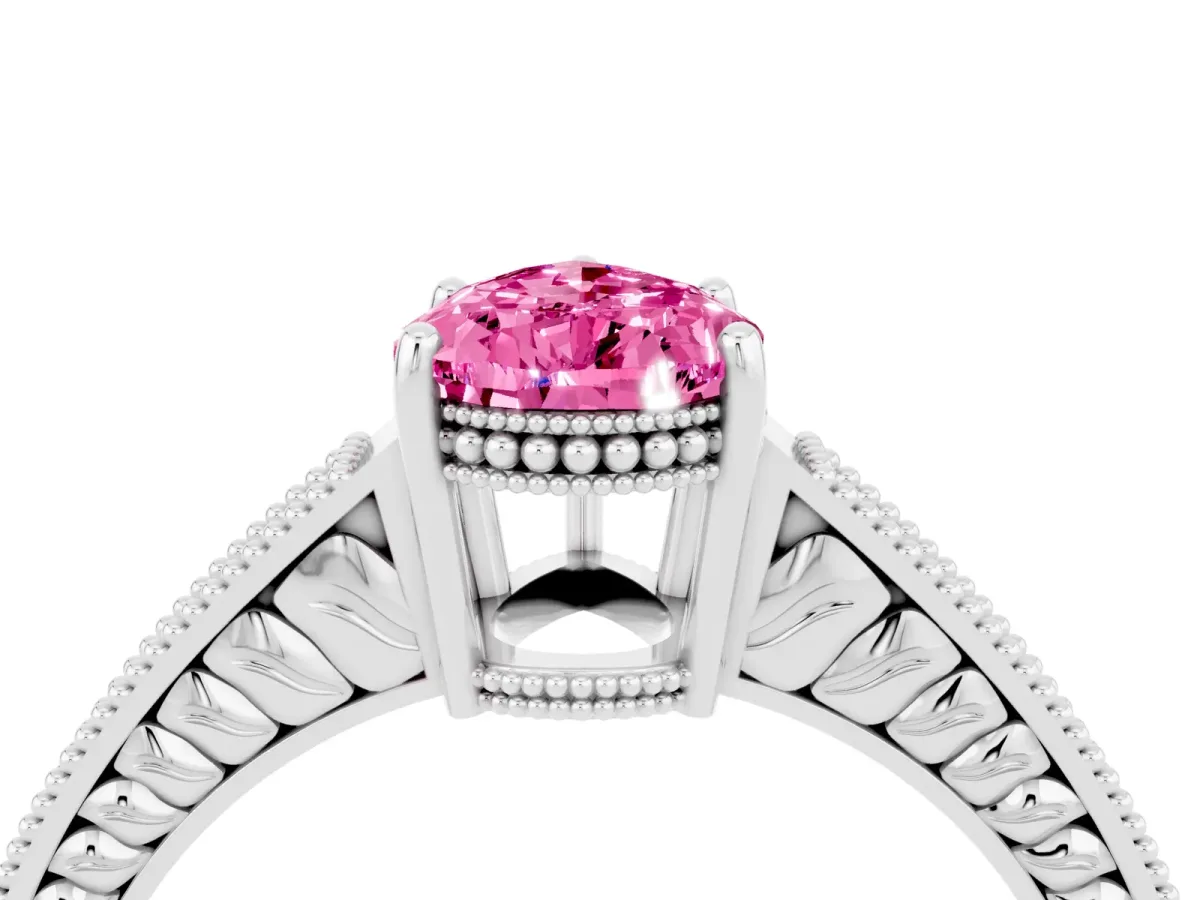 Pear Cut Pink Sapphire Ring with Milgrain Pavé Band and Four-Prong Setting Platinum