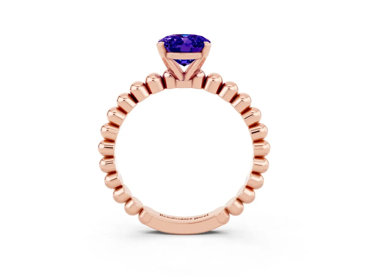 Oval Cut Tanzanite Solitaire Ring with Beaded Band and Prong Setting Rose gold