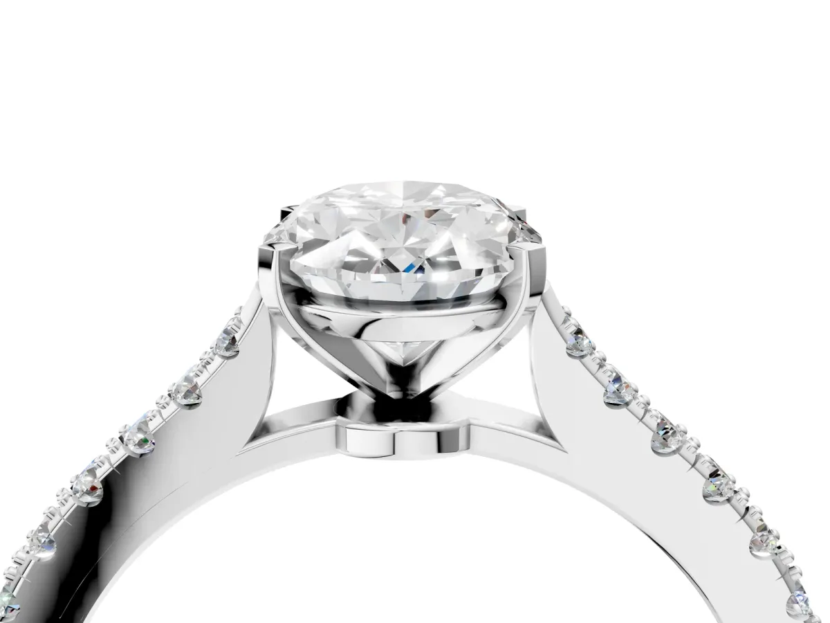 Oval Cut Cut Solitaire Diamond Engagement Ring with Pave Band and Four-Prong Setting Silver