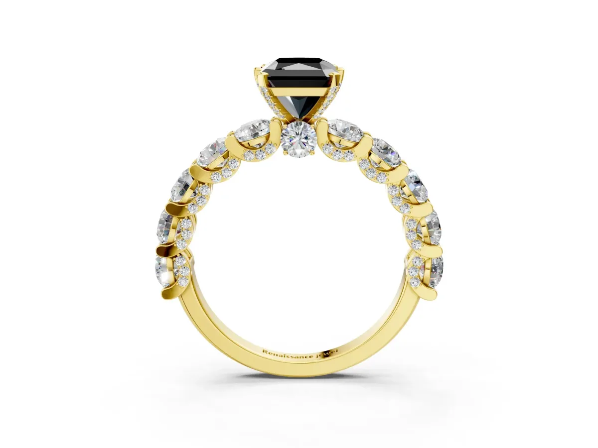 Fancy Black Radiant Cut Diamond Side Stone Engagement Ring with Four-Prong Setting Yellow gold
