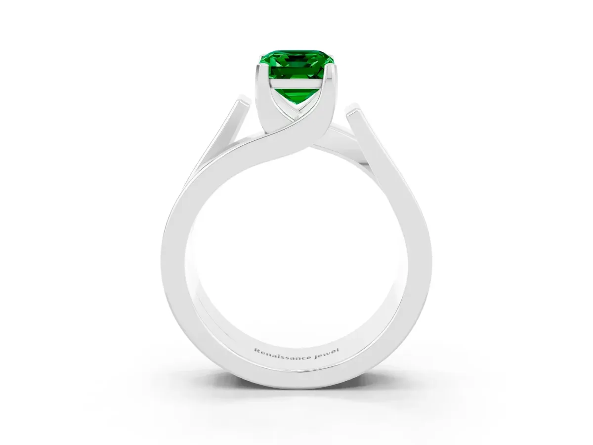 Modern Tension Set Emerald Cut Emerald Solitaire Wide Band Ring White gold