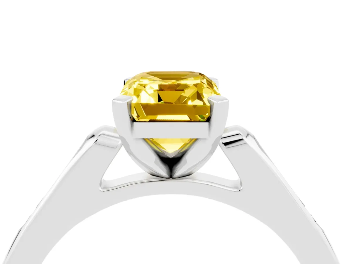 Emerald Cut Yellow Sapphire Solitaire Ring with Channel Set Round Band and Prong Setting Silver
