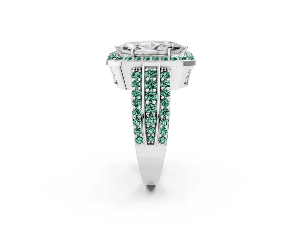 Marquise Cut Halo Diamond Ring with Round Green Sapphire Split Shank and Prong Setting Silver