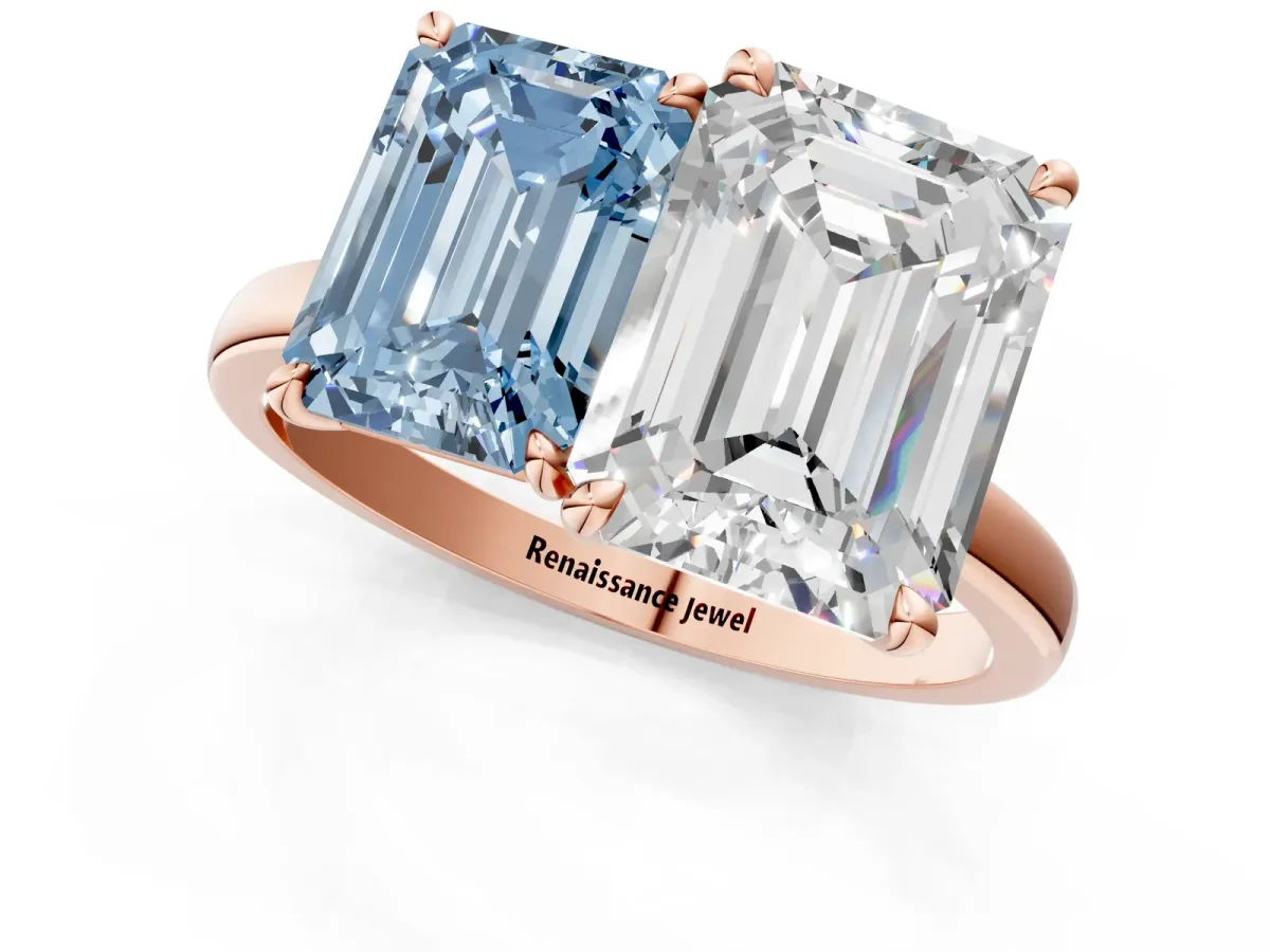 Fancy Blue Emerald Cut and Emerald Cut Toi Moi Ring with Prong Setting Rose gold