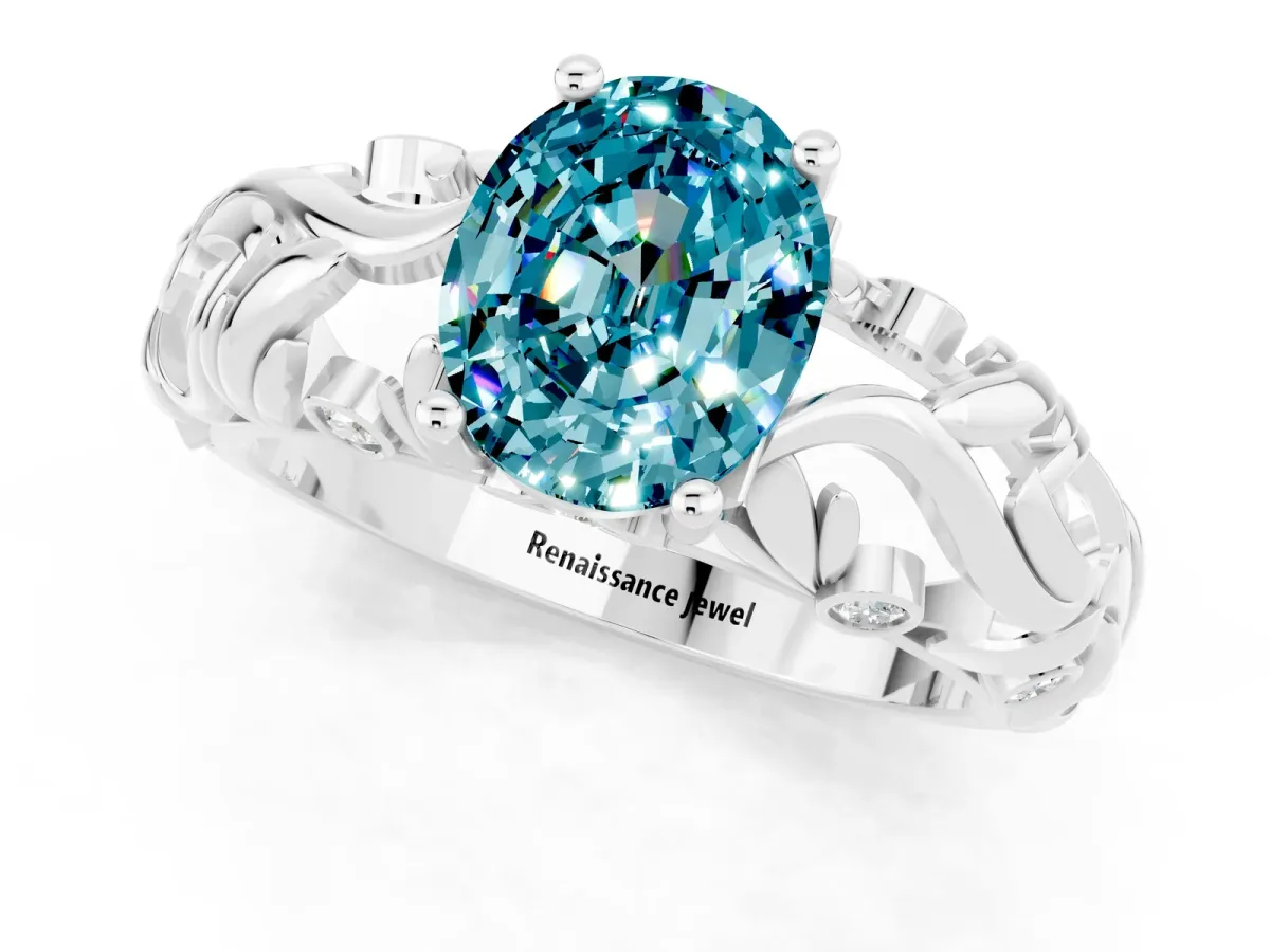 Oval Cut Solitaire Blue Topaz Leaf-Inspired Vine Band Ring with Prong Setting White gold