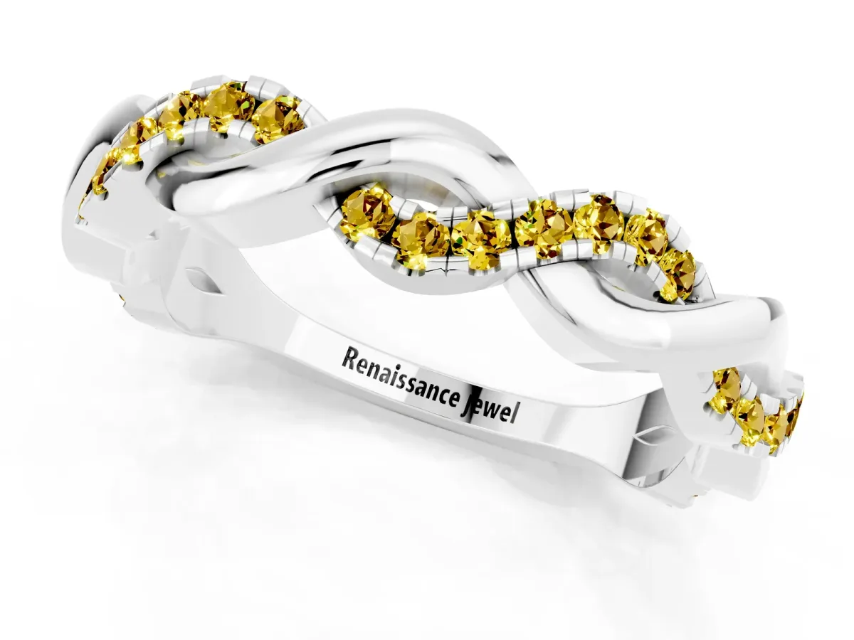 Pavé Round Yellow Sapphire Twist Eternity Band with Shared Prong Setting Silver
