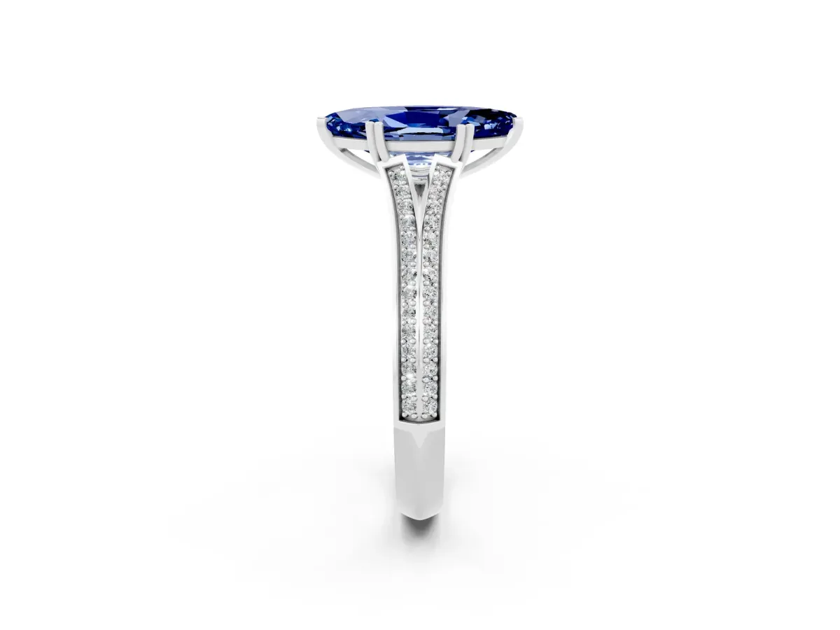 Marquise Cut Blue Sapphire Split Shank Engagement Ring with Pavé Band White gold