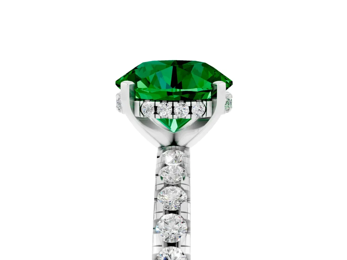 Round Cut Emerald Solitaire Ring with Round Pavé Band and Four-Prong Setting Platinum