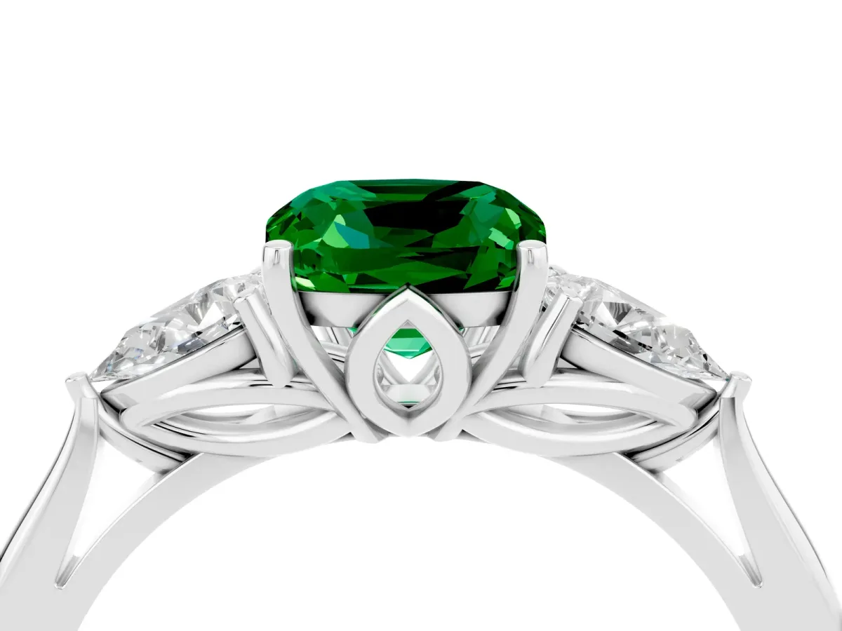 Three-Stone Cushion Cut Emerald Ring with Pear Side Stones in Four-Prong Setting White gold