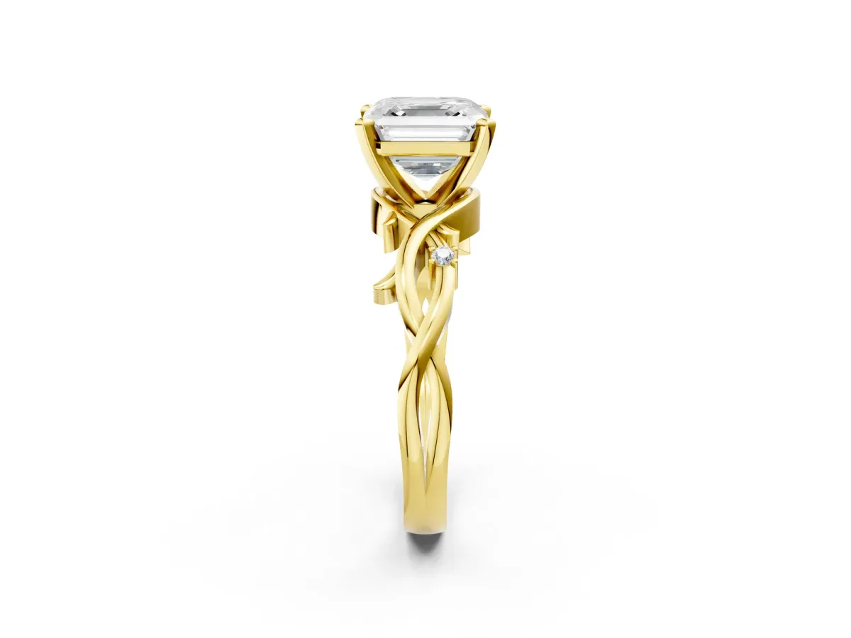 Asscher Cut Diamond Solitaire Ring with Twisted Band and Prong Setting Yellow gold