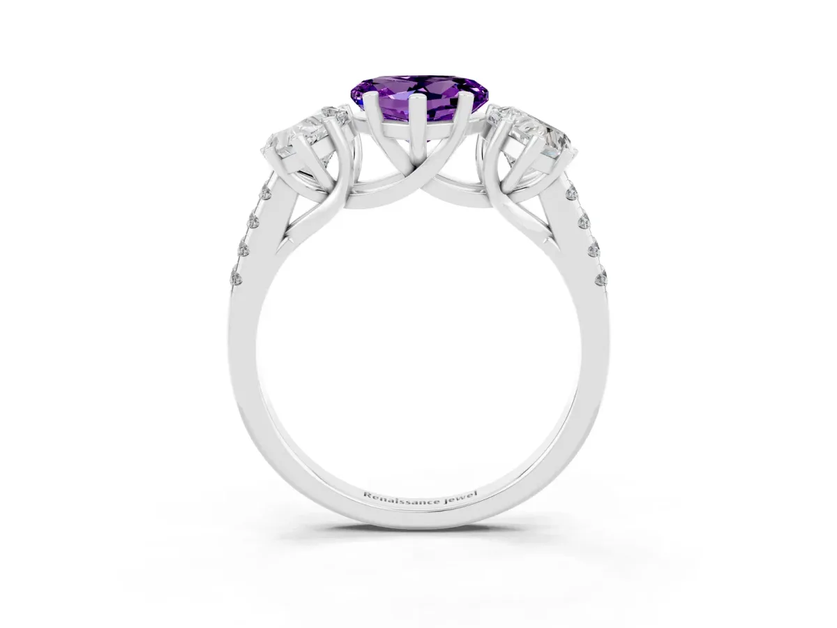 Three-Stone Heart Cut Amethyst Ring with Round Pavé Band and Prong Setting Silver