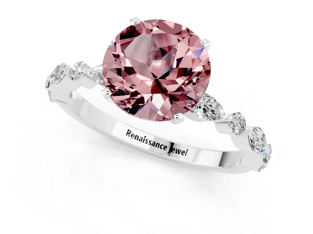 Round Cut Morganite Ring with Marquise and Round Side Stones and Four-Prong Setting Silver