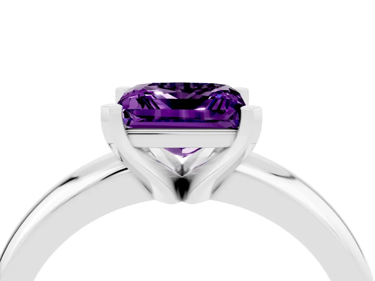 Princess Cut Amethyst Solitaire Engagement Ring with Round Band and Four-Prong Setting Silver