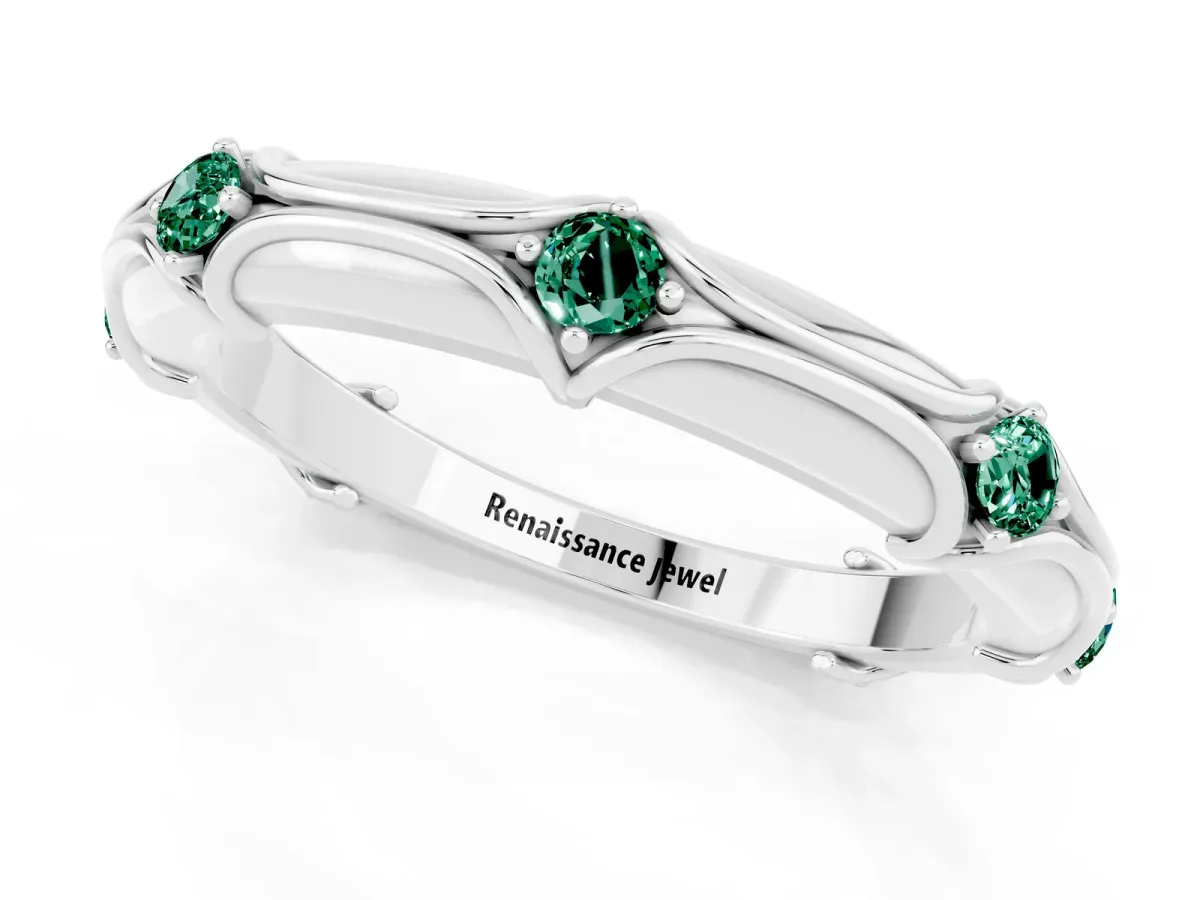 Round Green Sapphire Prong Set Milgrain Eternity Band Silver