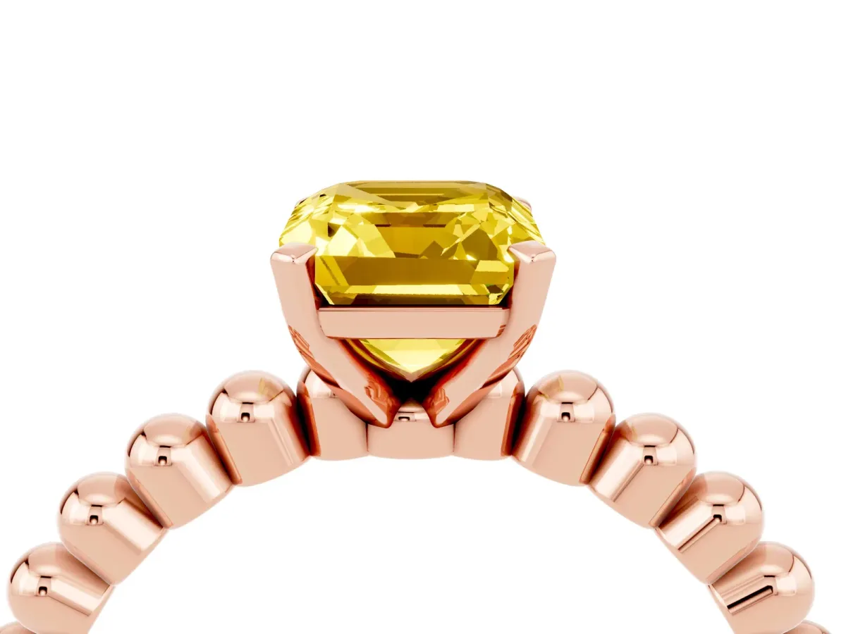 Emerald Cut Yellow Sapphire Solitaire Ring with Beaded Band and Prong Setting Rose gold