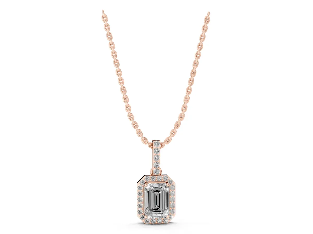 Emerald Cut Halo Diamond Pendant with Prong Setting Rose gold