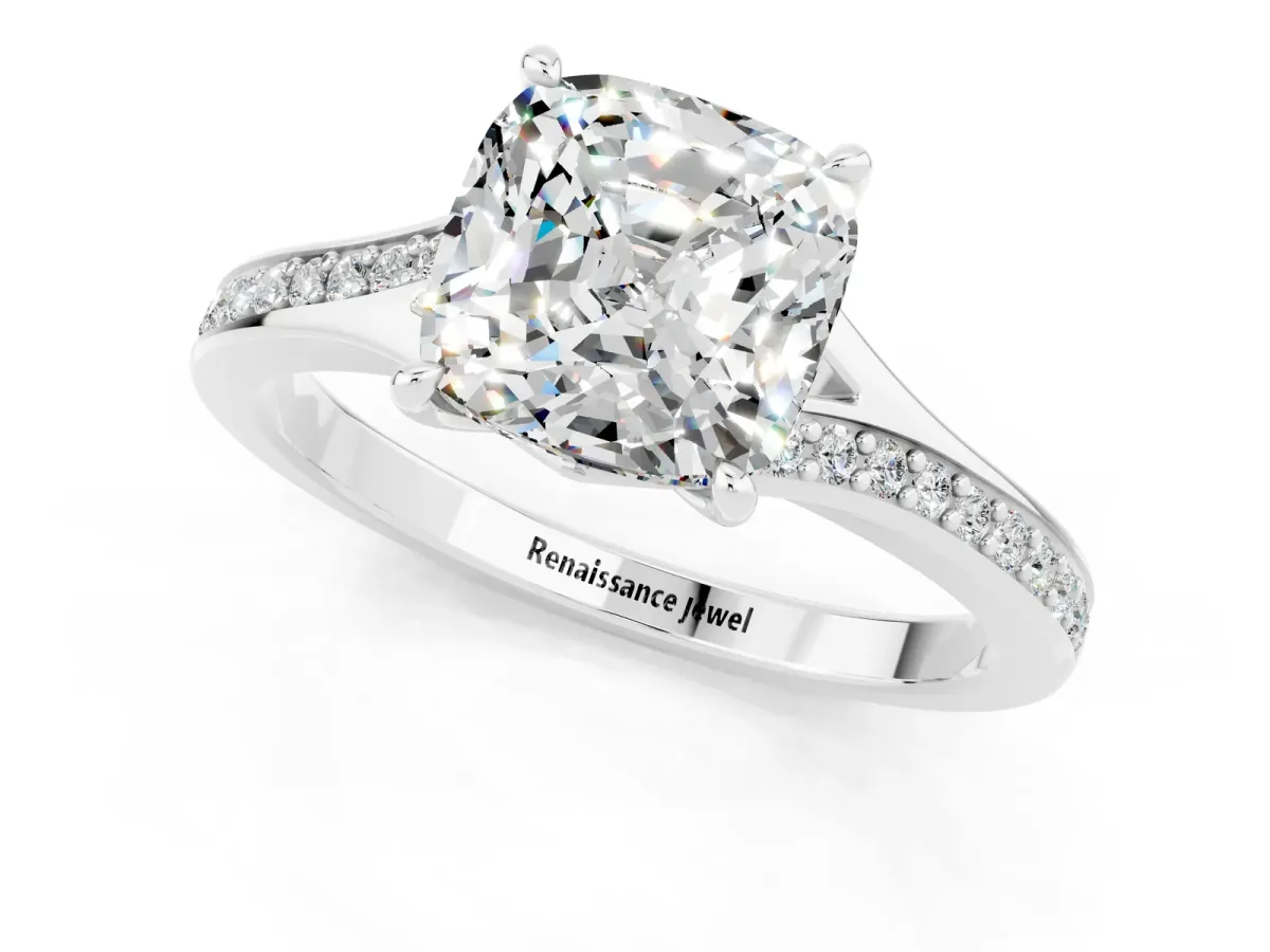 Cushion Cut Moissanite Solitaire Ring with Pavé Band and Prong Setting Silver