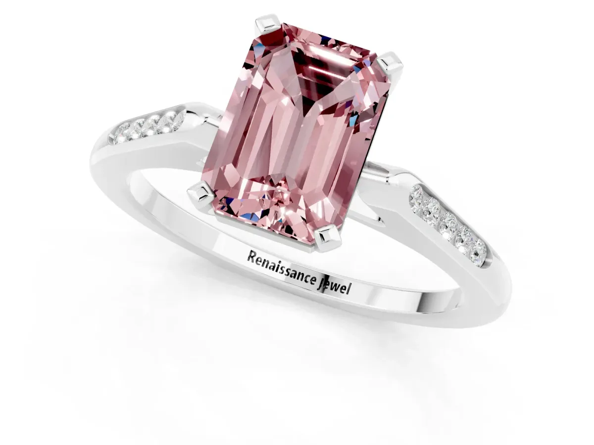 Emerald Cut Morganite Solitaire Ring with Channel Set Round Band and Prong Setting Silver