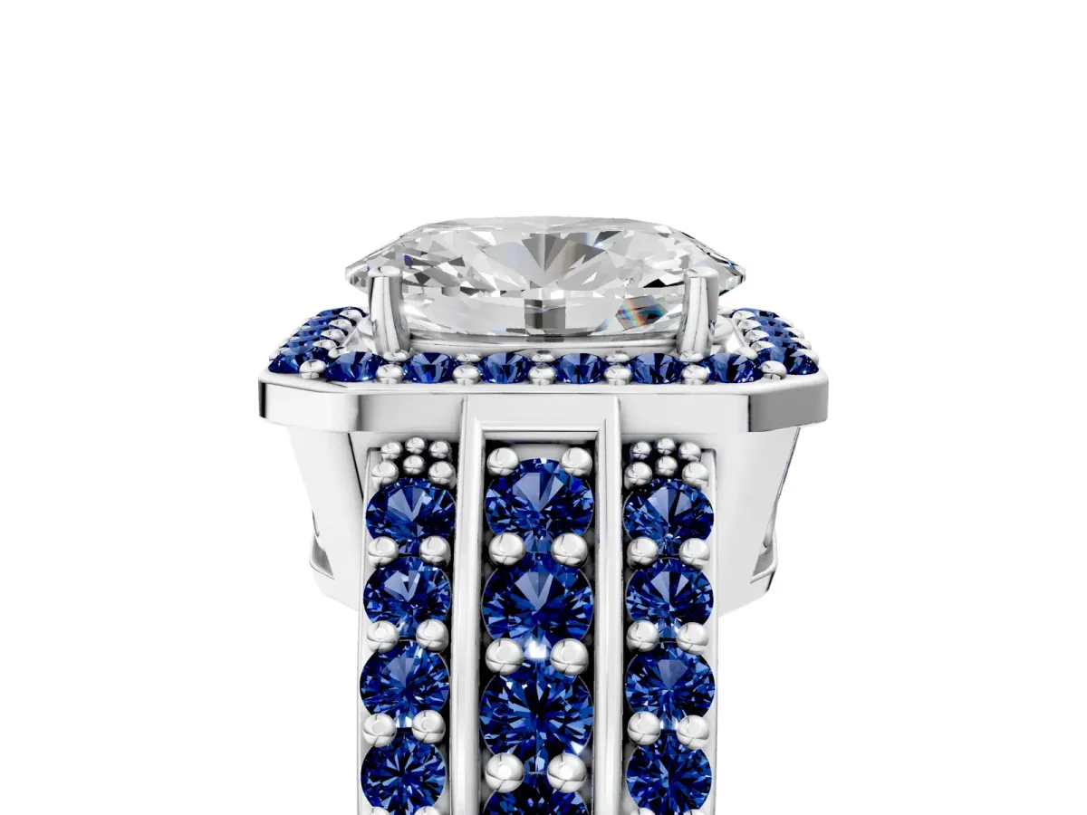 Oval Cut Halo Diamond Ring with Round Blue Sapphire Split Shank and Prong Setting Platinum