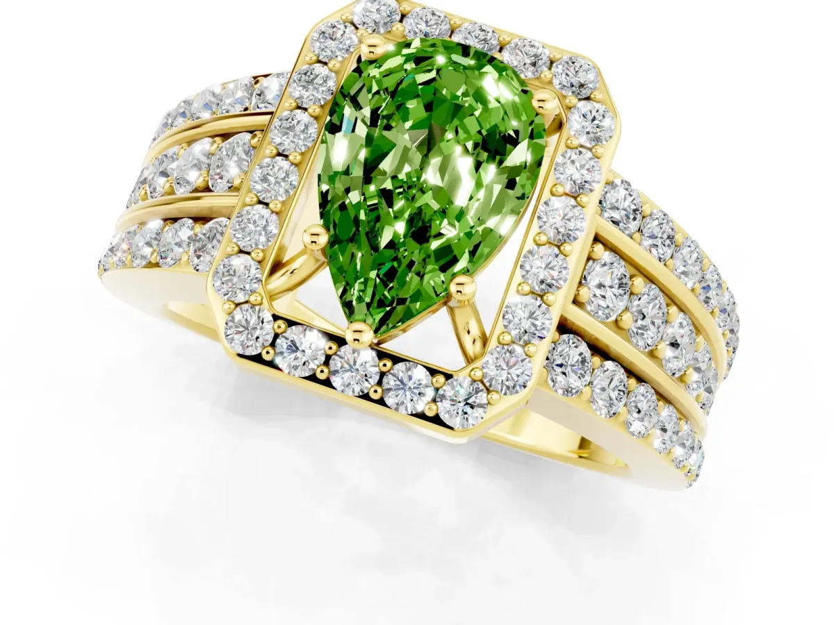 Pear Cut Halo Peridot Ring with Round Split Shank and Prong Setting Yellow gold