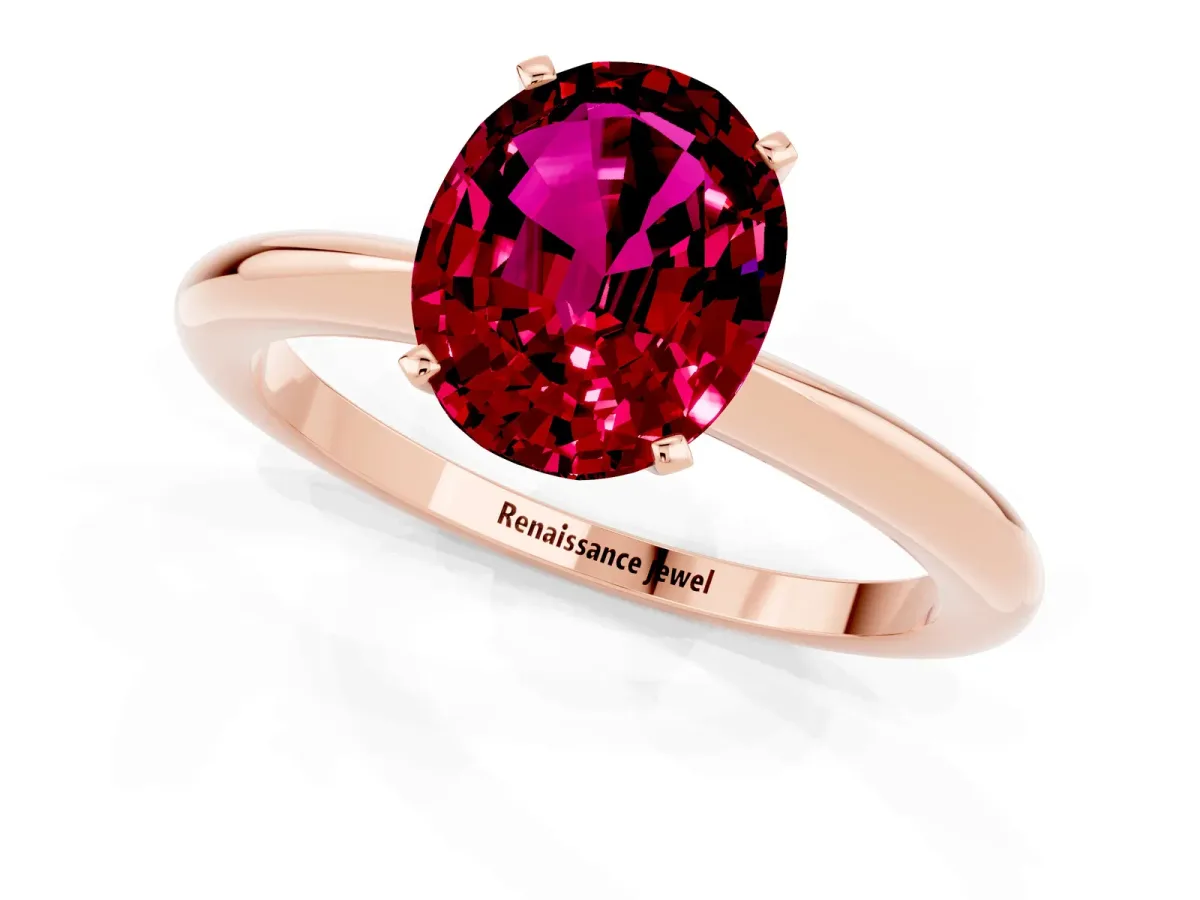Oval Cut Garnet Solitaire Ring with Six-Prong Setting and Classic Band Rose gold