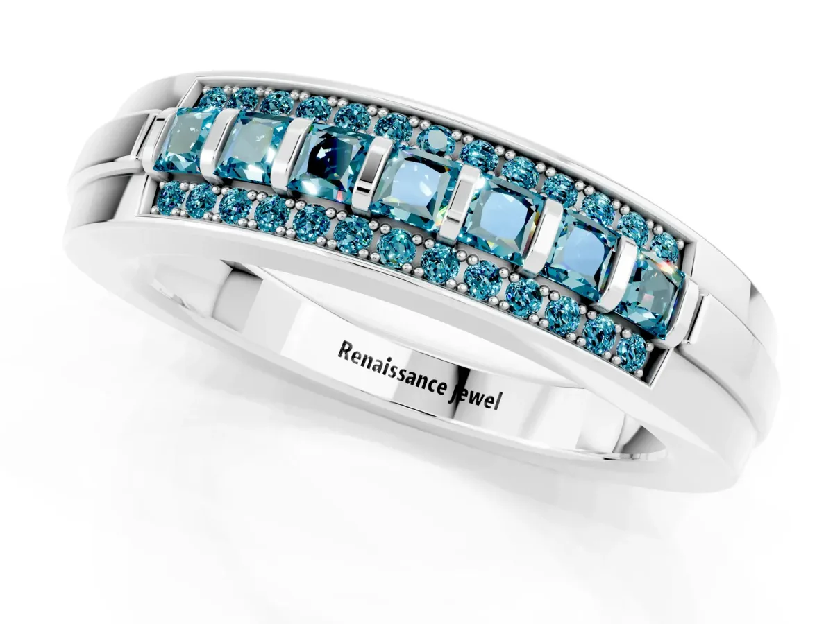Bar-Set Princess Cut Blue Topaz Pavé Band Platinum