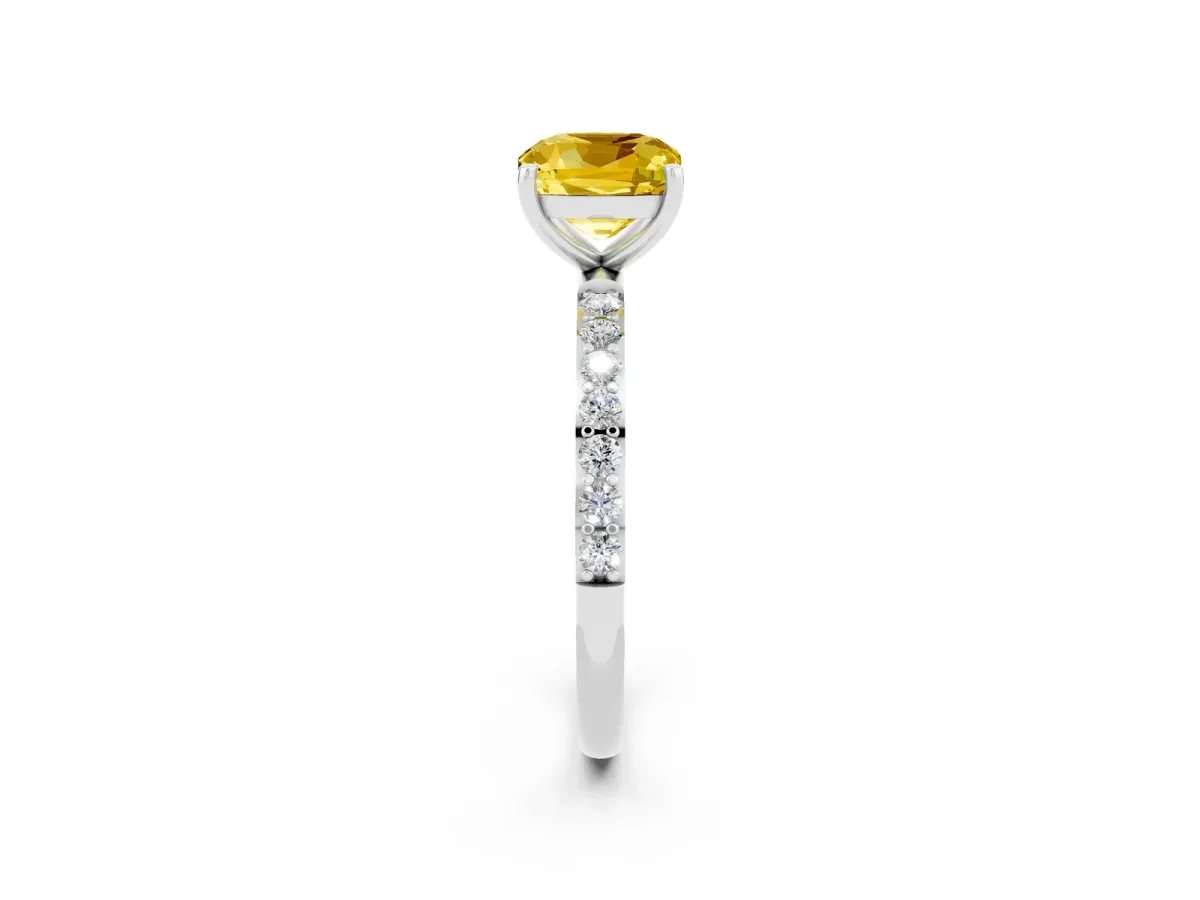 Cushion Cut Yellow Sapphire Solitaire Ring with Round Pavé Band and Prong Setting Silver