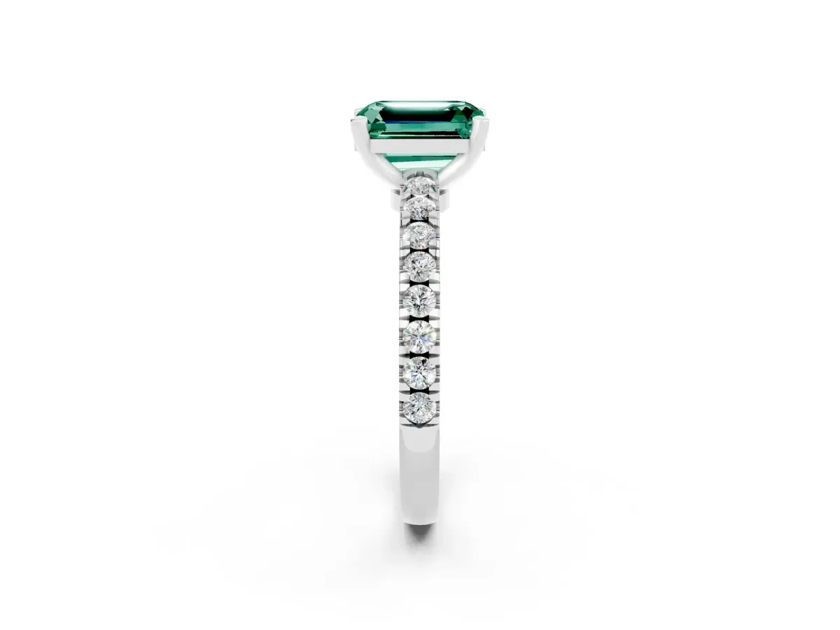 Emerald Cut Solitaire Green Sapphire with Pavé Band and Four-Prong Setting Silver