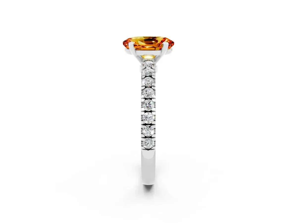 Oval Cut Solitaire Citrine with Pavé Band and Four-Prong Setting Platinum
