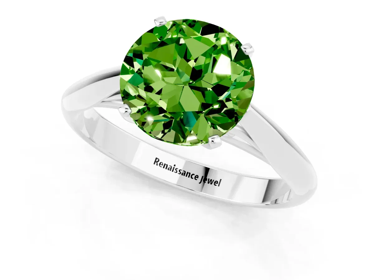 Round Cut Peridot Solitaire Engagement Ring with Cathedral Setting and Four-Prong Mount White gold