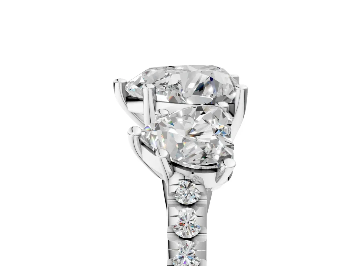 Three-Stone Heart Cut Diamond Ring with Round Moissanite Pavé Band and Prong Setting Silver