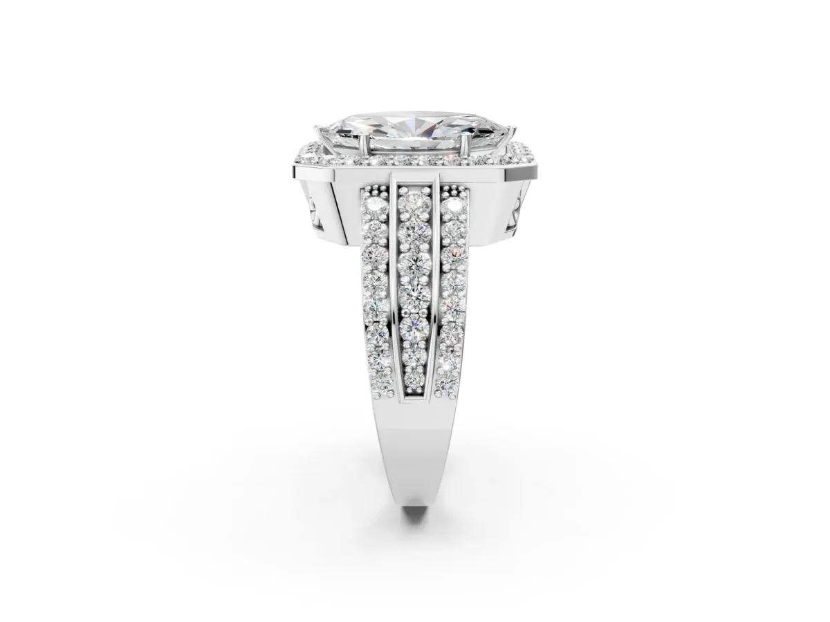 Marquise Cut Halo Diamond Ring with Round Moissanite Split Shank and Prong Setting Silver