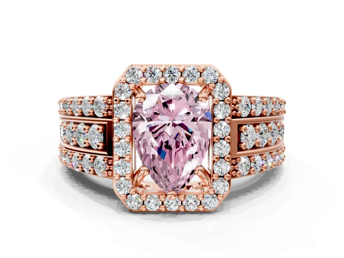 Fancy Pink Pear Cut Halo Diamond Ring with Round Split Shank and Prong Setting Rose gold