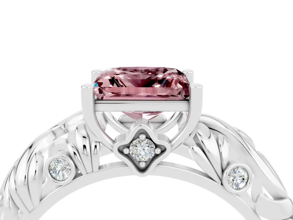 Princess Cut Solitaire Morganite Leaf-Inspired Vine Band Ring with Prong Setting White gold