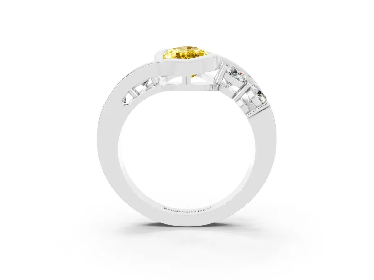 Bezel Set Marquise Cut Yellow Sapphire Bypass Ring with Round Accents Silver