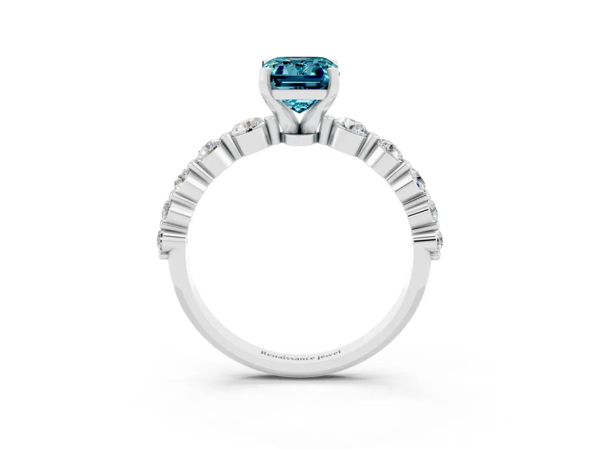 Emerald Cut Solitaire Blue Topaz Ring with Pave Band and Four-Prong Setting Silver