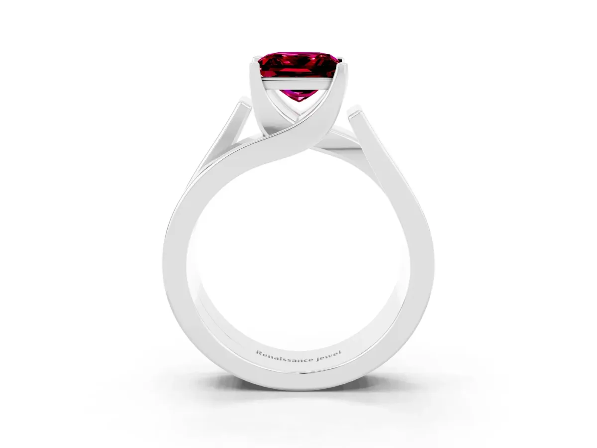 Modern Tension Set Princess Cut Garnet Solitaire Wide Band Ring Silver