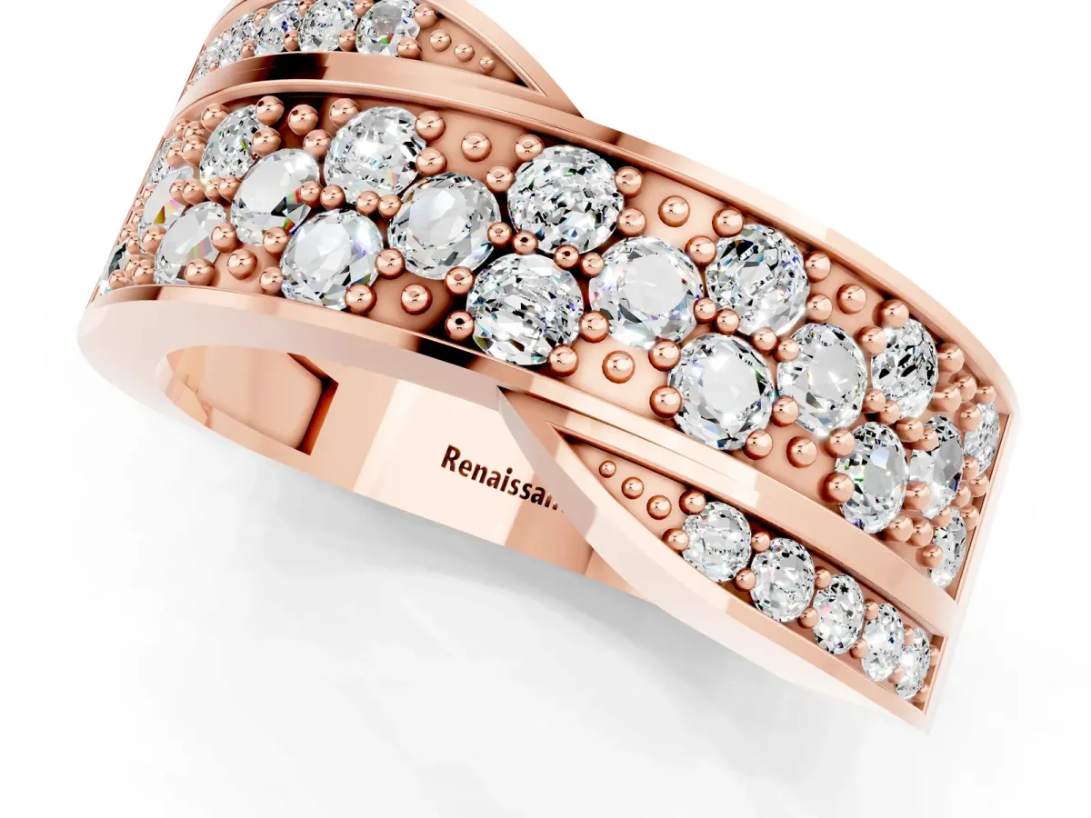 Pavé Round Moissanite Crossover Band with Bead Prong Setting Rose gold