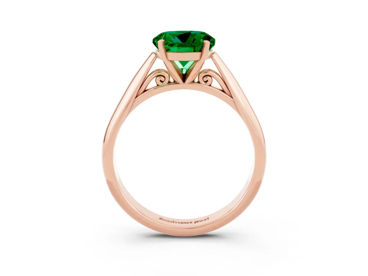 Round Cut Emerald Solitaire Engagement Ring with Cathedral Setting and Four-Prong Mount Rose gold