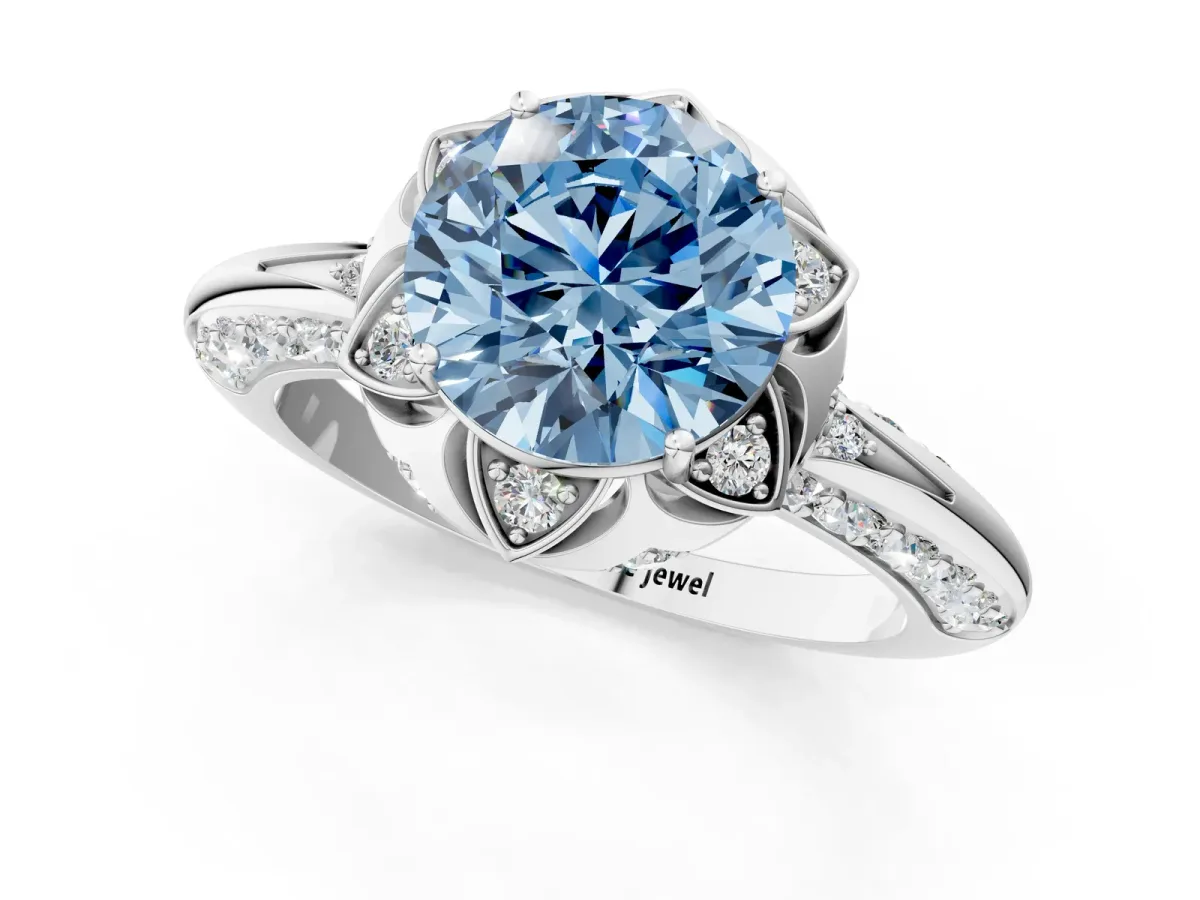 Fancy Blue Round Cut Halo Split Shank Pave Diamond Ring with Petal Prong Setting Platinum