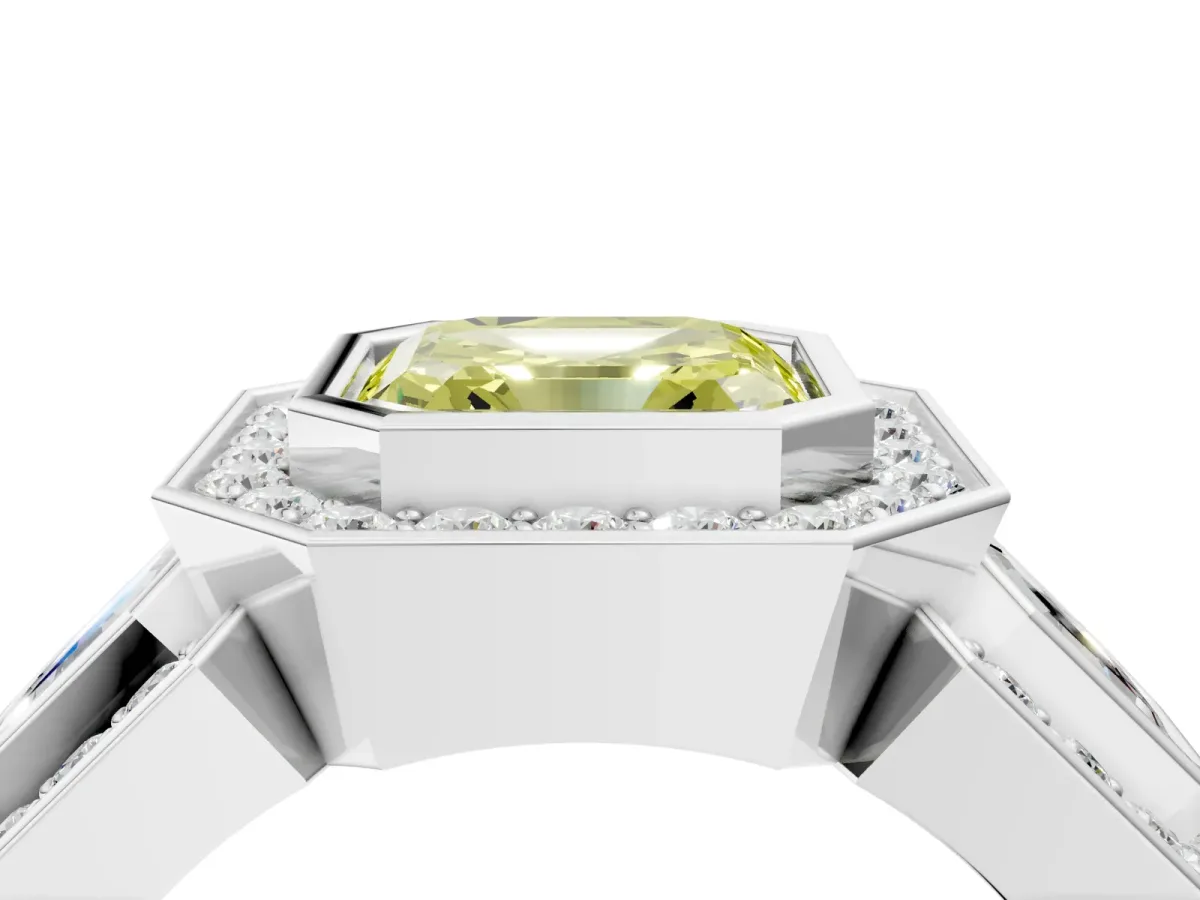 Fancy Yellow Three-Stone Asscher Cut Halo Pavé Diamond Ring Platinum