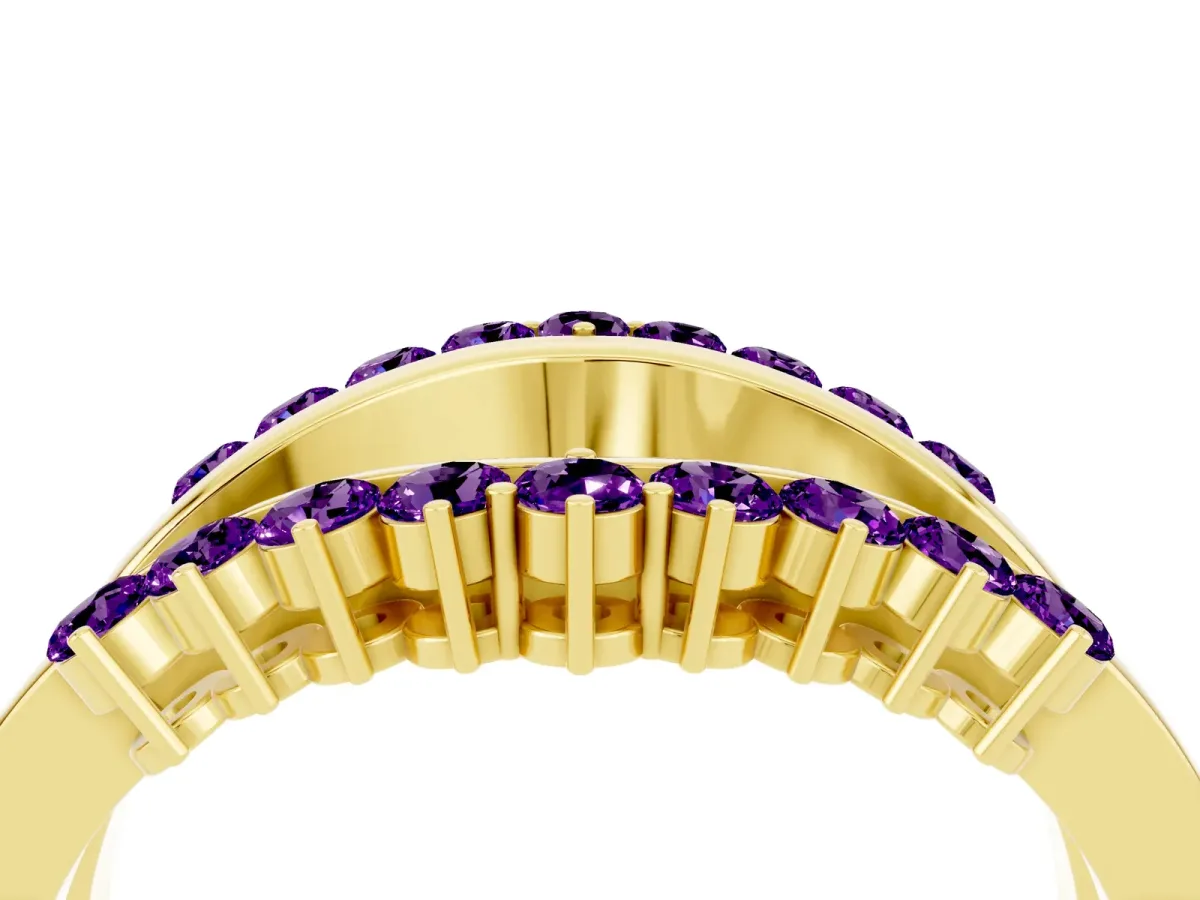 Round Amethyst Chevron Contour Band with Prong Setting Yellow gold