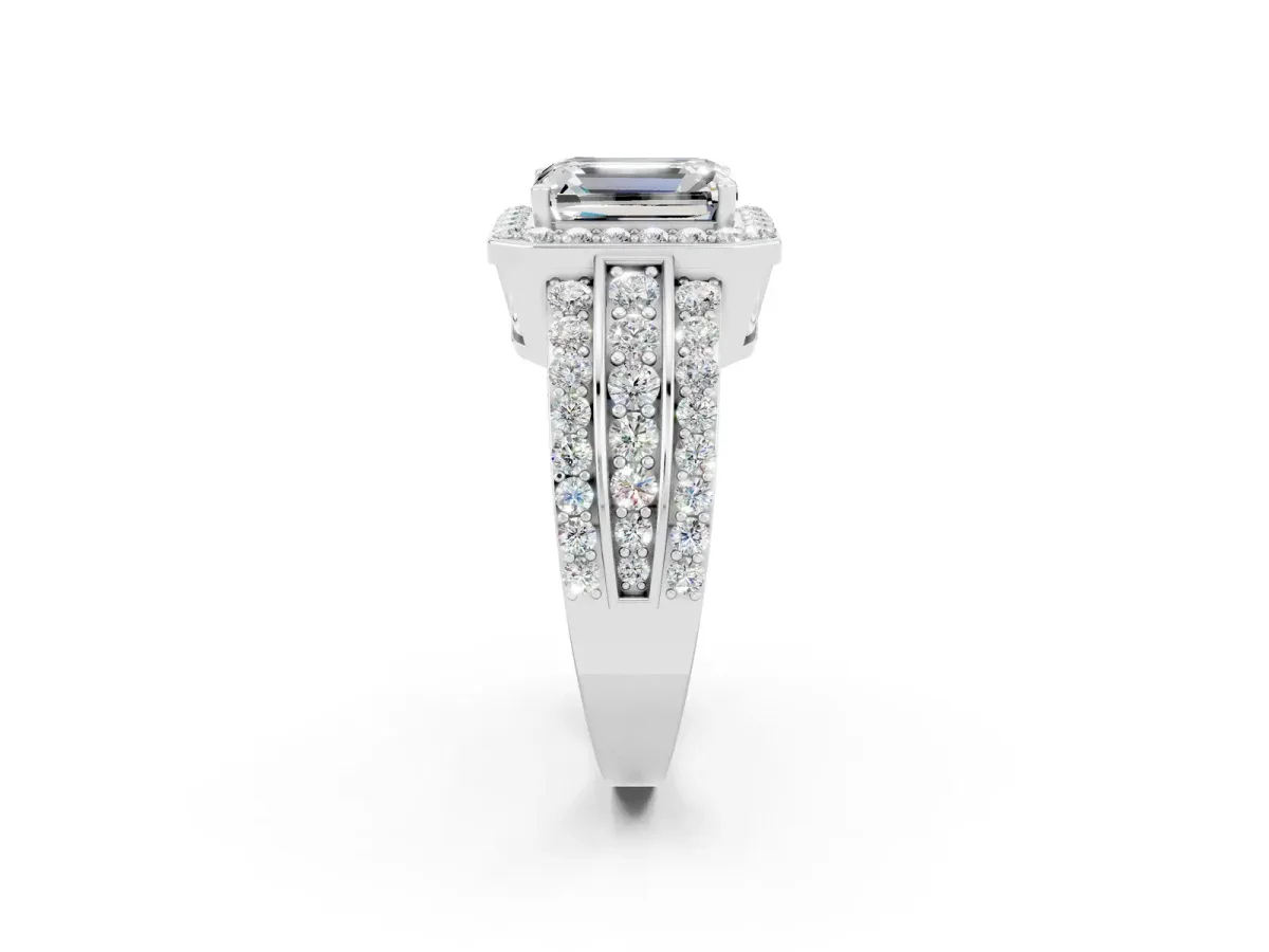 Emerald Cut Halo Moissanite Ring with Round Split Shank and Prong Setting Platinum
